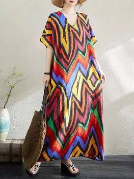 XITAO Print Wave V-neck Dress ZMY1029 One Size красный