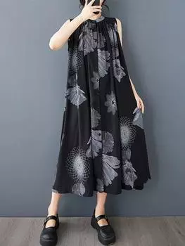 XITAO Printing Fold O-neck Sleeveless Dress GMM1310 One Size чёрный