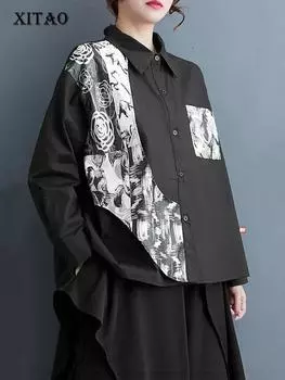 XITAO Простота блузки контрастного цвета с асимметричным принтом Женский топ Свободная модная рубашка DMJ3511 One Size чёрный