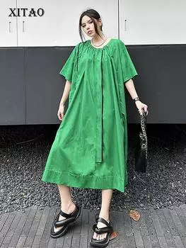 XITAO простота однотонное повседневное платье модное индивидуальное женское платье на молнии ZY8683 One Size зелёный