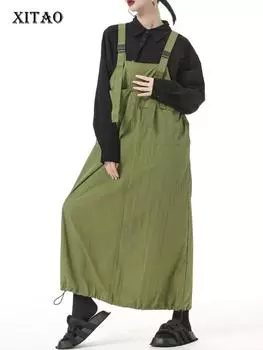 XITAO простота платье на бретельках сплошной цвет свободное модное женское модное платье на шнурке DMJ3328 One Size зелёный