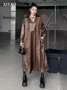 XITAO Pu Лоскутное платье-бандаж с карманом и V-образным вырезом LJ1015 One Size