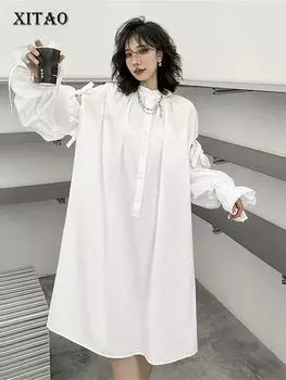 XITAO пуловер повседневное однотонное плиссированное платье с бантом WLD16116