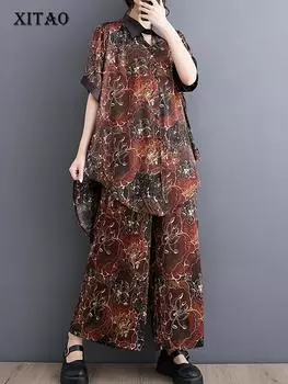 XITAO пуловер с асимметричным принтом и брюками, комплекты с отложным воротником, свободная выставка, тонкая мода HQQ0503