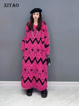 XITAO пуловер с геометрическим рисунком вязаное платье с круглым вырезом свободная женская одежда с длинными рукавами DMJ2875