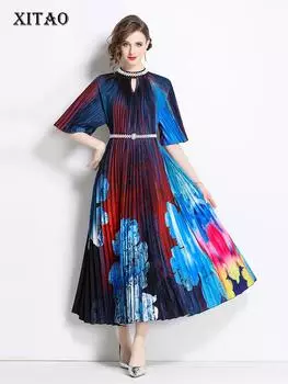 XITAO Расклешенные платья с вышивкой и складками HQQ2363