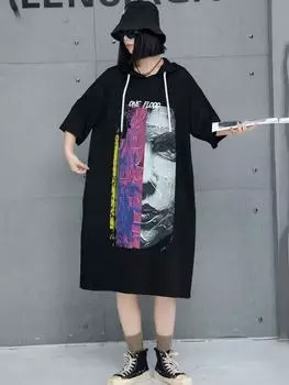 XITAO Rope Hooded Printing Knee-length Dress GMM1200 One Size чёрный