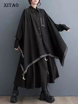 XITAO рубашка с украшением в виде заклепок, асимметричный женский повседневный свободный топ с рукавами «летучая мышь» DMJ4025 One Size чёрный
