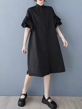 XITAO Ruffles Sleeve Single Breasted Dress GMM1328 One Size чёрный