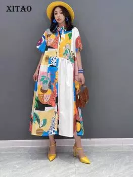 XITAO с принтом и одной грудью, модное женское свободное лоскутное платье SMH2005 One Size белый