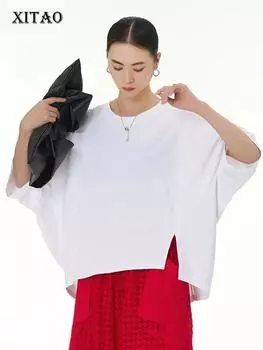 XITAO с разрезом и рукавами «летучая мышь», повседневная женская футболка, свободный модный однотонный топ LYD1537