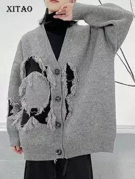 XITAO с v-образным вырезом и кисточками, вязаные свитера в стиле пэчворк, индивидуальные зимние женские новые свитера DMJ3277