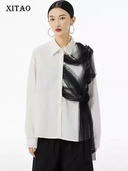 Xitao Сетчатая рубашка с длинным рукавом в стиле пэчворк, простая повседневная рубашка, универсальная, модная женская, новая осенняя рубашка DMJ4160