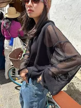 XITAO сетчатая женская блузка с капюшоном и гофрировкой, однотонные свободные новые топы GJ2022