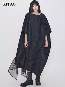 XITAO сетчатое пэчворк нерегулярное свободное женское черное платье DMJ4152 One Size чёрный