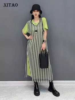 XITAO сетчатое лоскутное платье-футболка контрастного цвета с вырезами из двух частей ZY8725 One Size зелёный