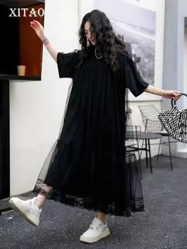 XITAO Сетчатое лоскутное платье-футболка LYD1856 One Size чёрный