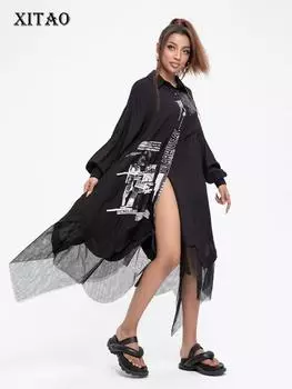 XITAO сетчатое лоскутное платье с модным принтом, нерегулярный подол, повседневное, индивидуальное, уличное, в стиле меньшинств, Новое поступление, женское WMD5010