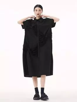 Xitao Сетчатое однобортное платье в стиле пэчворк с короткими рукавами GYX1801 One Size чёрный