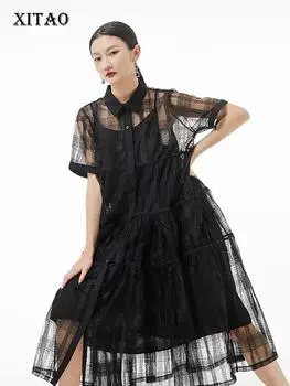 XITAO сетчатый кружевной свободный модный однотонный комплект из двух предметов, платье-рубашка WLD7063 One Size белый
