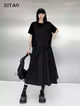 Xitao Сетчатый лоскутный черный женский топ на шнуровке, широкие брюки, комплекты из двух предметов ZY8842 One Size белый