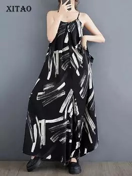 XITAO шифоновый комбинезон с принтом, повседневный свободный пуловер на бретельках, женские широкие брюки LYD1753