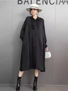 XITAO Single Breasted Fold Shirt Collar Dress GMM1258 One Size чёрный