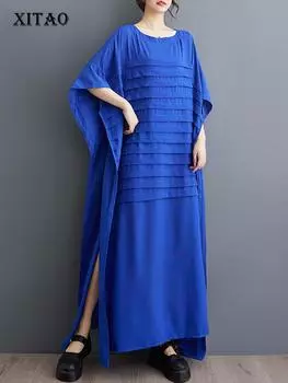 XITAO складное платье с рукавами «летучая мышь», свободное модное однотонное повседневное женское платье 2024 ZY8745 One Size красный