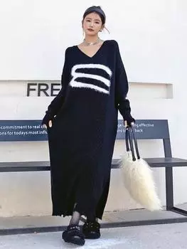 XITAO Solid Color Casual Loose V-neck Dress ZYY1103 One Size чёрный