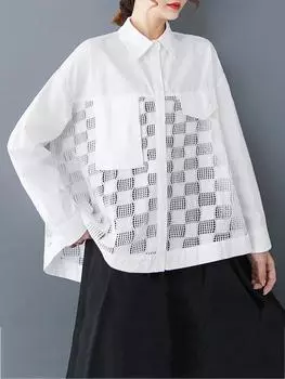 XITAO однотонная свободная блузка с отложным воротником и длинными рукавами, новая простая ажурная сетчатая рубашка в стиле пэчворк, осенняя женская рубашка GMM1106 One Size белый