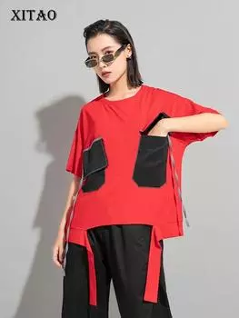 XITAO Splicing Повседневная футболка с круглым вырезом и контрастным цветом, женский топ с короткими рукавами LYD1790