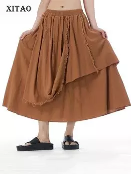 Xitao Сплошная повседневная юбка, асимметричная лоскутная женская свободная юбка DMJ4143 One Size чёрный