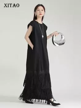 Xitao Сплошное свободное повседневное платье без рукавов с кисточками в стиле пэчворк ZY8819 One Size белый
