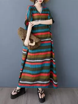 XITAO Stripe Print V-neck Dress ZMY1031 One Size зелёный