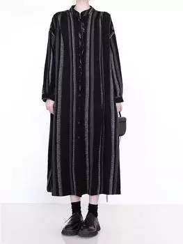XITAO Stripe Single Breasted Full Sleeve Dress GMM1346 One Size чёрный