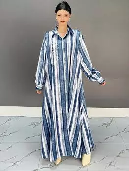 XITAO Stripe Single Breasted Shirt Collar Dress GMM1319 One Size синий