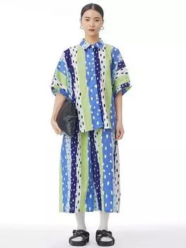 Xitao Полосатые женские комплекты с волнистой точкой, свободная рубашка, штаны, комплекты из двух предметов ZY8718 One Size синий