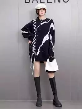 Xitao Свитер с круглым вырезом и неровной контрастной нитью GMM1172 One Size чёрный