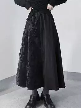 XITAO Свободная лоскутная юбка Однотонная повседневная юбка с эластичной резинкой на талии HQQ1897 One Size чёрный