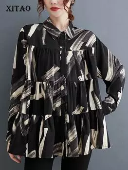 XITAO свободная рубашка со складками и принтом, повседневный модный женский топ LYD1281 One Size зелёный