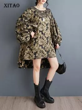 XITAO Свободное асимметричное платье с цветочным узором HQQ2398 One Size золотой