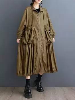 Xitao Свободное длинное пальто с карманом-пэчворком на молнии GYX1029 One Size хаки