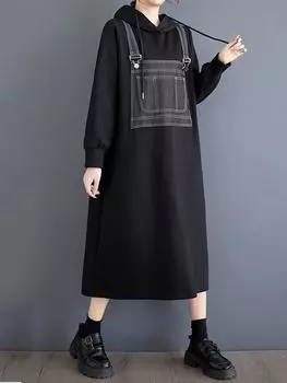 Xitao Свободное джинсовое лоскутное женское платье с капюшоном ZYY1030 One Size чёрный