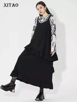 XITAO Свободное платье-слинг с оборками в стиле пэчворк, темперамент, повседневное женское HQQ2317 One Size чёрный