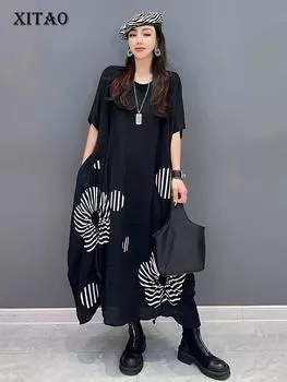 XITAO Свободное лоскутное платье с круглым вырезом и короткими рукавами LYD1782