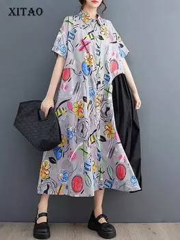 XITAO Свободное лоскутное платье с отложным воротником и короткими рукавами, однобортное платье LYD1757 One Size серый