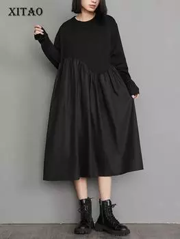 XITAO свободное лоскутное платье винтажное нерегулярное женское повседневное платье с длинными рукавами HQQ1374