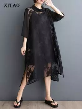 XITAO свободное марлевое женское платье неправильной формы HQQ2341 One Size чёрный