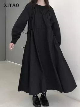 XITAO свободное модное однотонное повседневное платье со складками и завязками WLD10053 One Size чёрный