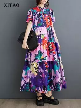 Xitao Свободное модное платье с контрастным цветным принтом LYD1904 One Size фиолетовый